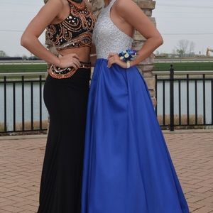 Blue and silver sparkly prom dress with pockets! Ribbon tie and open back.